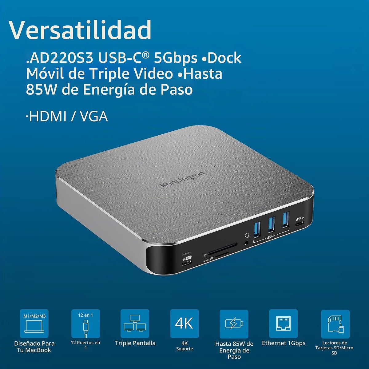 Kensington AD220S3 USB-C Triple Video Mobile Dock K31343WW, Plata