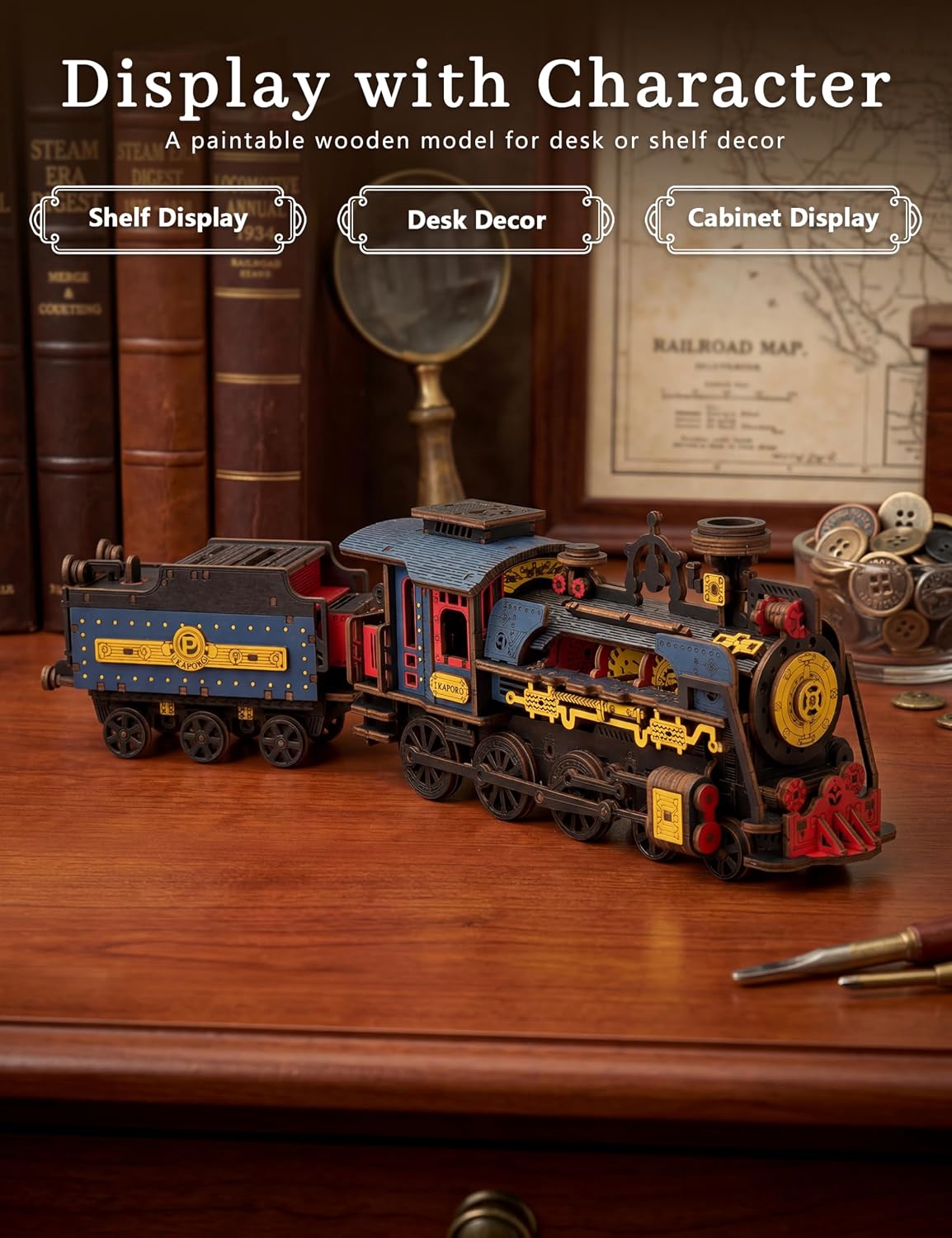 Rompecabezas de tren de vapor de madera 3D pintable para adultos