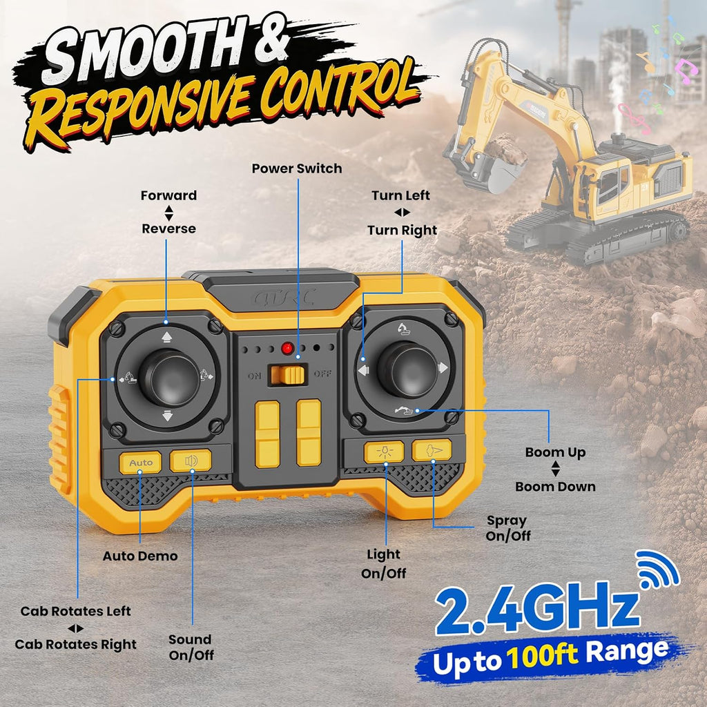Excavadora de juguete a control remoto para niños, juguetes de excavadora RC de 2.4 GHz con cubo de metal, vehículo de construcción de 12 canales con niebla/luces/sonido, 2 baterías de 1200 mAh