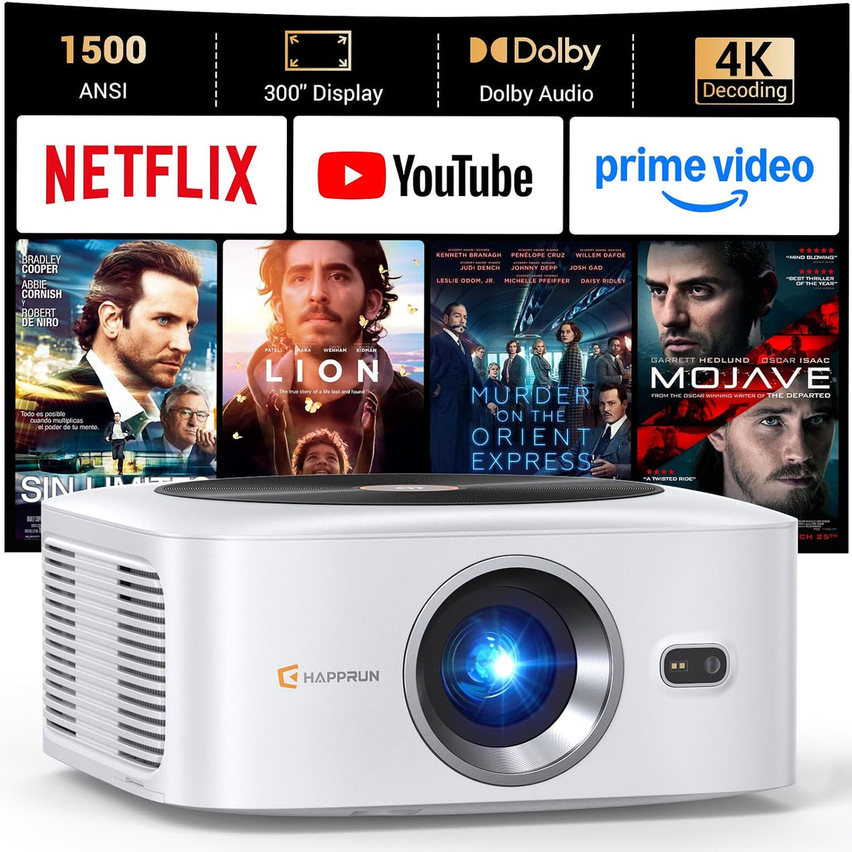 HAPPRUN 1500 ANSI - Proyector inteligente para exteriores, aplicaci...