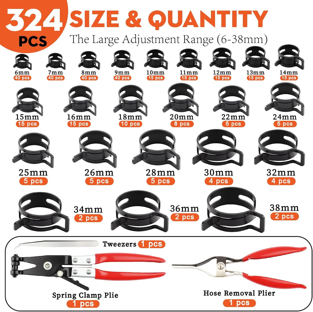 Kit de abrazadera de manguera de resorte de 324 piezas (0.236-1.496 in) con