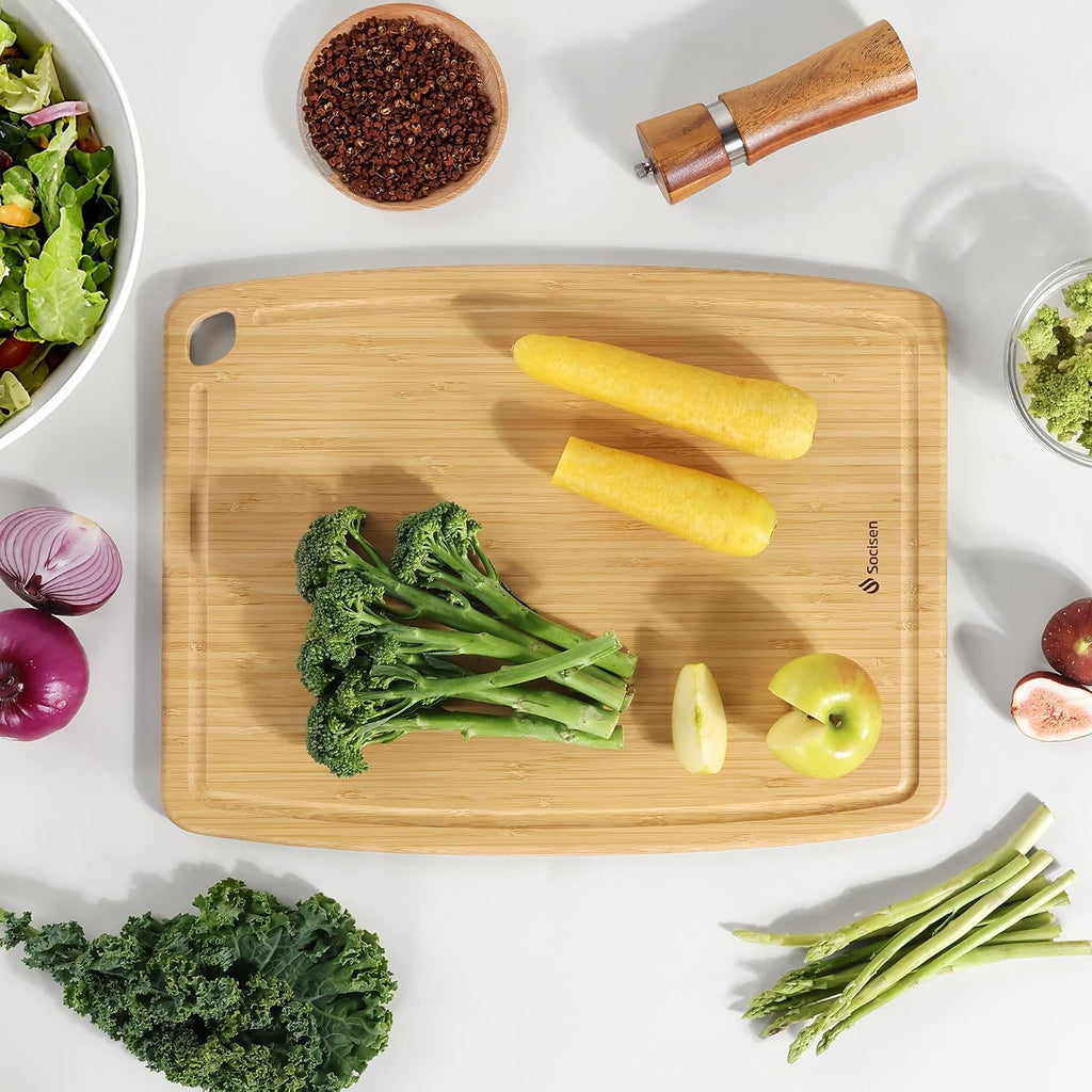 Tabla de cortar de bambú ligera y duradera con pies antideslizantes, tablas de cortar de madera extra grandes para cocina con ranura para jugo, tabla de madera para embutidos y cortar para frutas