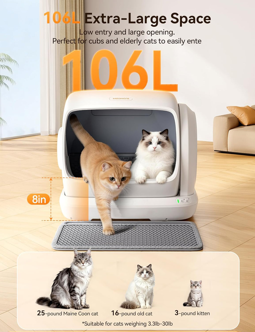 Meowant Caja de arena para gatos autolimpiante, gran capacidad de 106L para