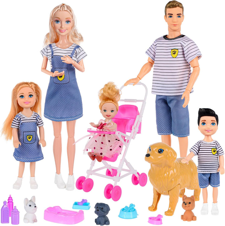 Set de juego familiar de muñecas dollbie con carriola de bebé - 6 p...