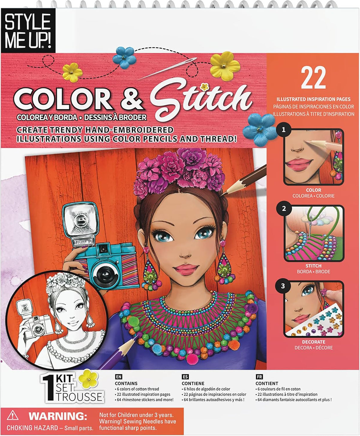 Style Me Up: Color & Stitch, kit de arte para niños, incluye 22 hojas de papel ilustradas, las plantillas cuentan con una gama de diseños, para edades de 8 años en adelante