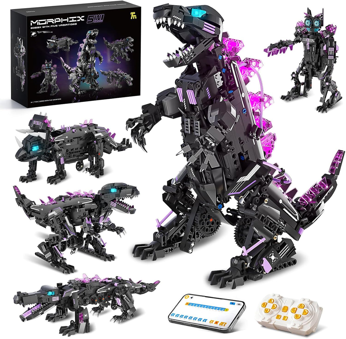 DOLIVE STEM - Kits de construcción de dinosaurios 5 en 1 para niños de 8 a 14 años, juguete de figuras de dinosaurio con control remoto y control por aplicación, regalo de cumpleaños para 8, 9, 10, 11