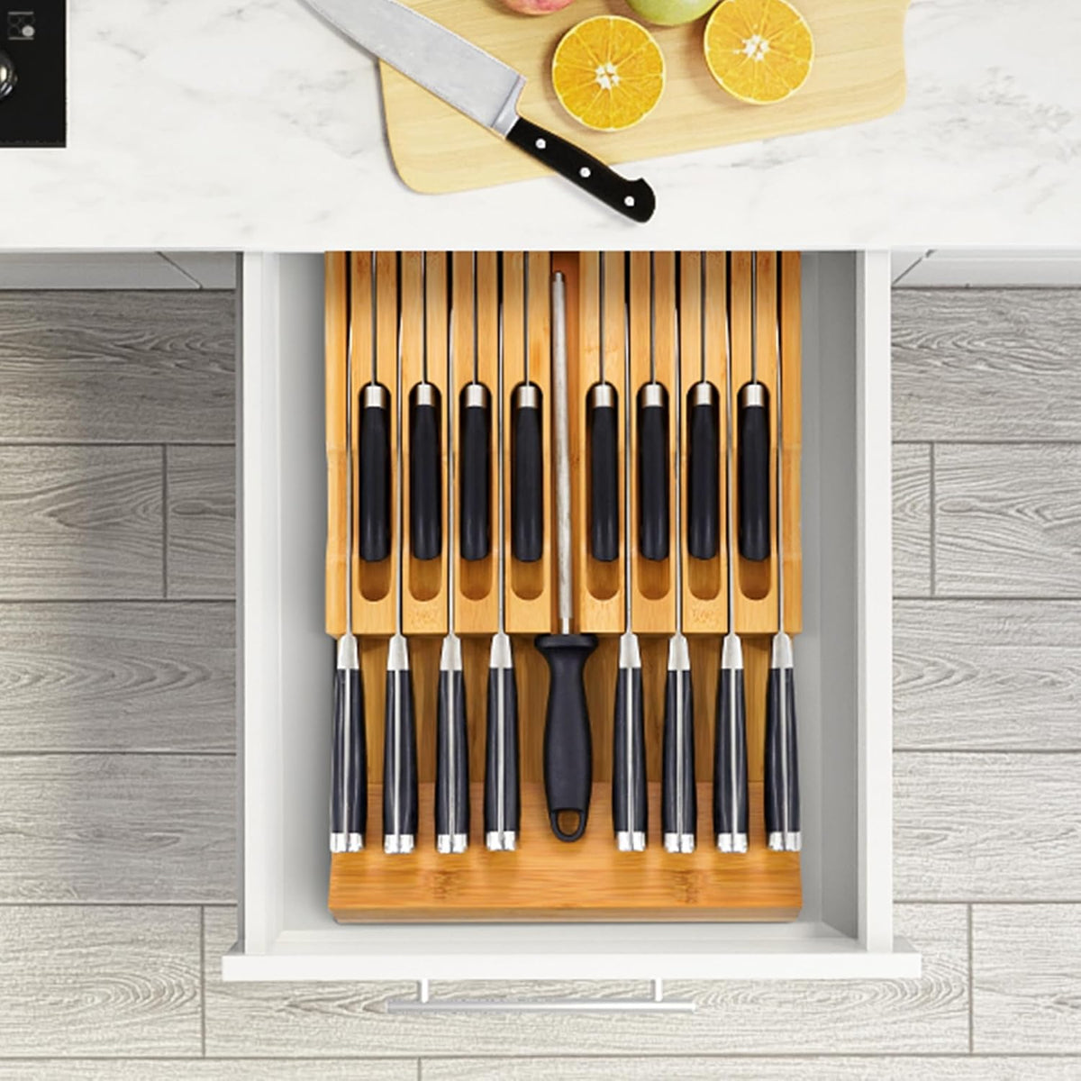 VaeFae Bloque de cuchillos en el cajón, inserto organizador de cajones de cuchillos de bambú, almacenamiento de cajones de cuchillos de cocina para 16 cuchillos más una ranura para tu afilador de