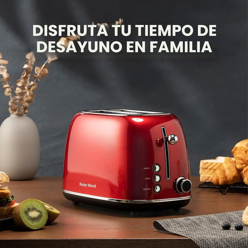 Roter Mond Tostadora de 2 rebanadas, de acero inoxidable, retro, con función de bagel, cancelar y descongelar, 6 ajustes de tostado de pan, ranuras extra anchas y bandeja de migas extraíble, color