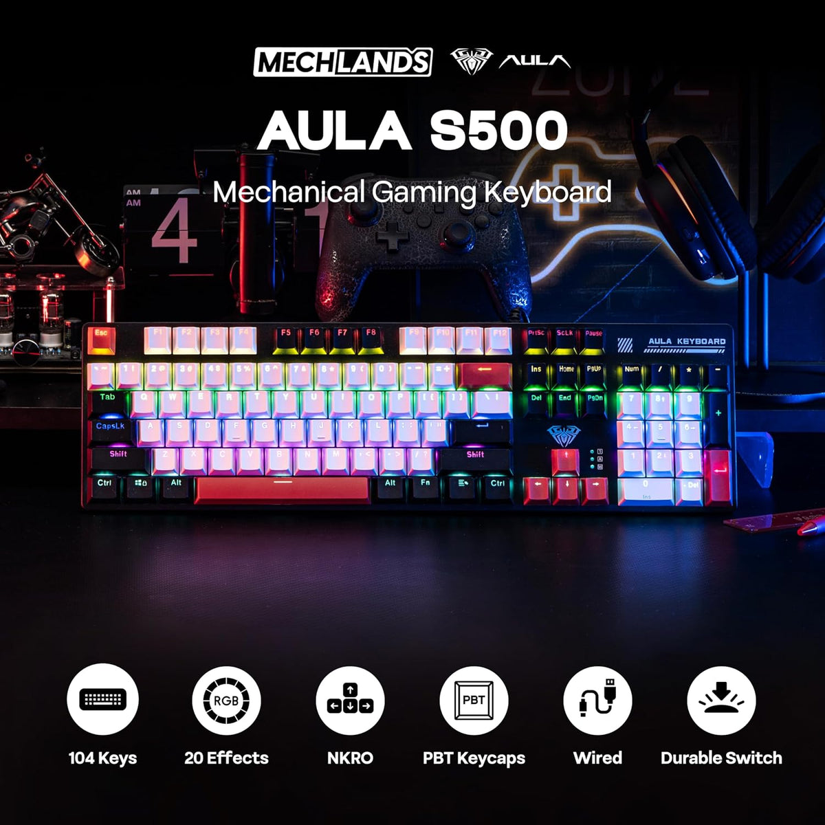 MechLands Aula S500 - Teclado mecánico con cable para juegos, 100%...