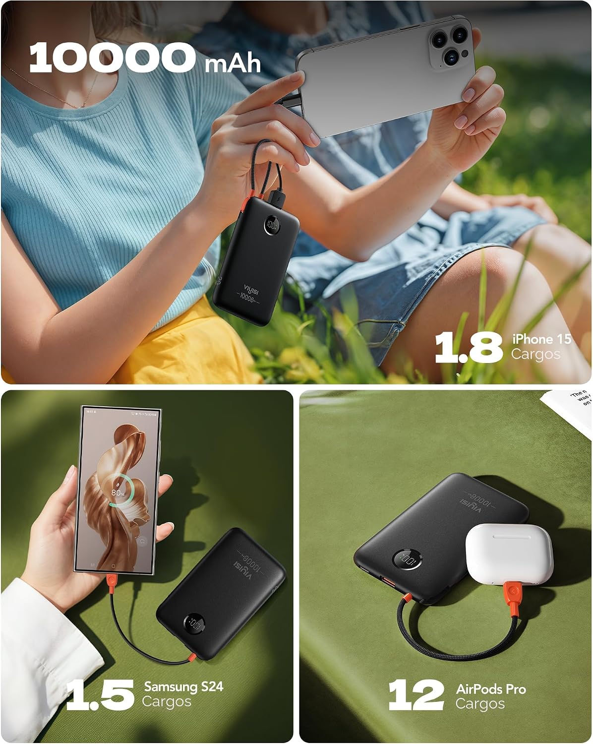 VIYISI Cargador portátil ultra delgado pequeño 10000mah con cable U...