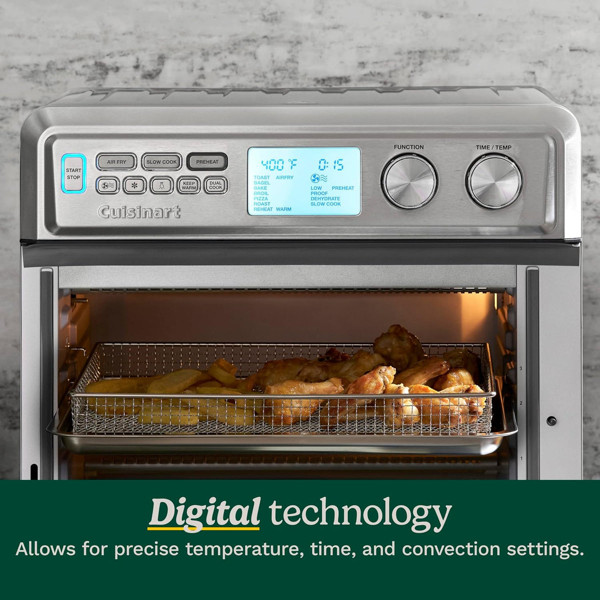 Cuisinart Horno tostador con freidora de aire con capacidad extragrande, horno de acero inoxidable de 1800 W con pantalla digital, opciones para hornear, asar, asar y freír al aire, temperatura ajustable, TOA-95NAS