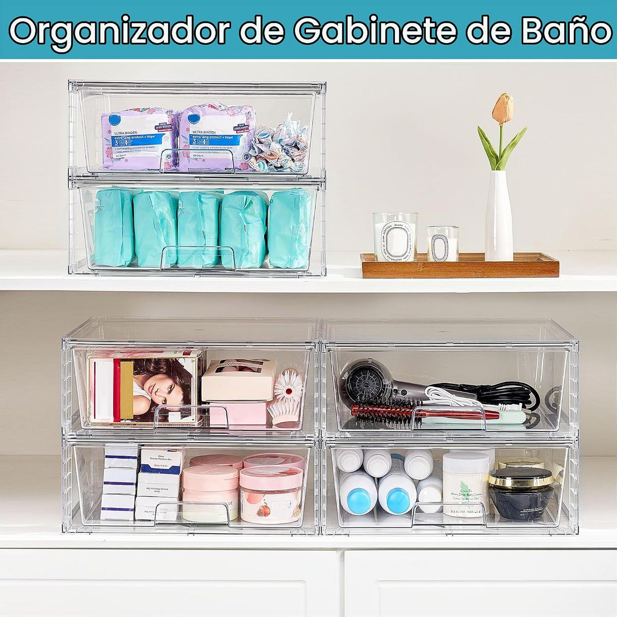 Vtopmart Paquete de 2 Cajones de Almacenamiento Grandes Apilables, Fácil de Ensamblar Organizadores de Acrílico Transparente para Baño Armario Debajo del Fregadero, Contenedores de Almacenamiento de