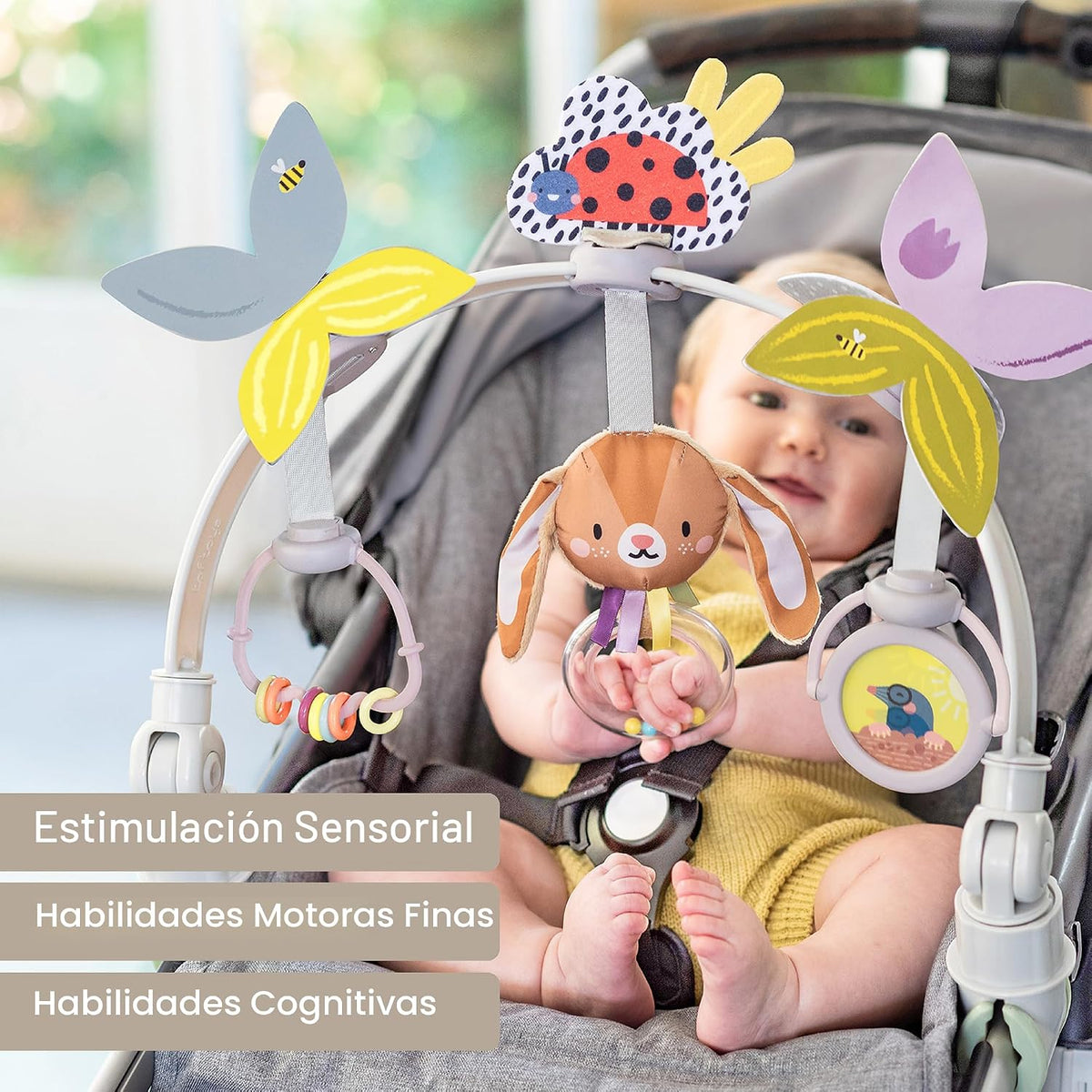 Taf Toys Juguete de arco de cochecito de bebé, juguetes para asiento de automóvil, juguete ajustable con 6 juguetes de actividad sensorial colgantes, se adapta a la gorila de bebé, moisés, cuna
