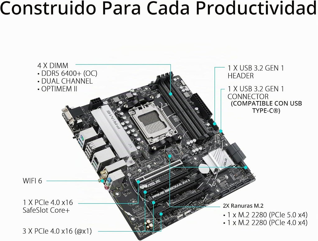 ASUS Prime B650M-A AX II AMD B650 AM5 Ryzen Desktop, PRIME|Negro, Micro-ATX|M.2x2|WiFi6|DP HDMI VGA