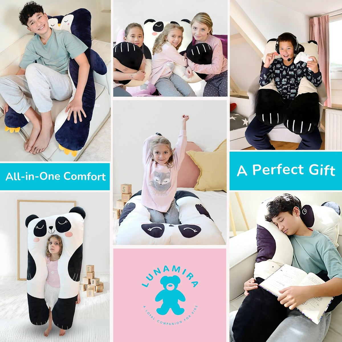 Almohada para cuerpo de niños con forma de panda - Almohada larga de felpa suave de 47" en forma de U, almohada de animales para niños, para dormir, leer, comodidad para TDAH y necesidades