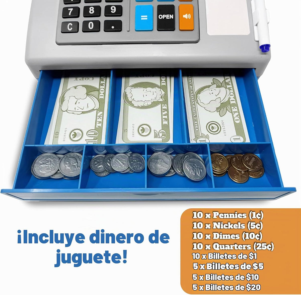 Calculadora solar con cajita registradora de juguete y dinero de juego – Set de 67 piezas para aprender habilidades de matemáticas, caja registradora STEM para niños (gris)