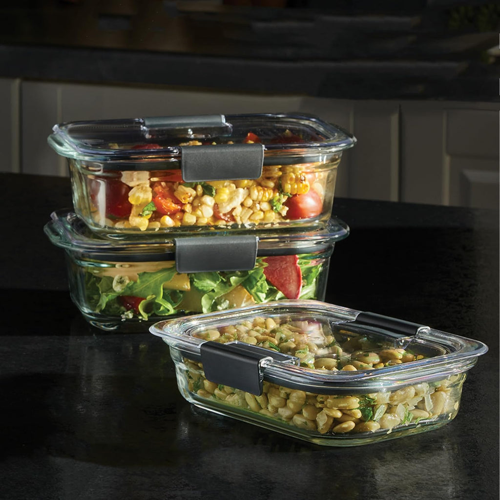Rubbermaid Brilliance - Recipientes de vidrio para almacenamiento de alimentos, varios tamaños, juego de 9, sin BPA, a prueba de fugas, transparentes