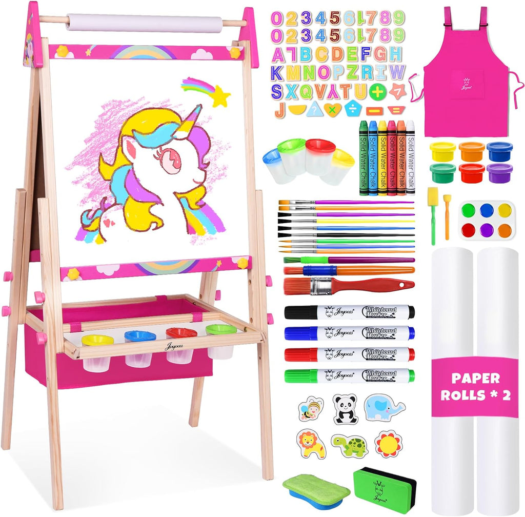 Joyooss Caballete artístico para niños, caballete para niños pequeños, estación de pintura ajustable, caballete de madera, caballete para niños pequeños, pizarra para niños, pizarra blanca y pizarra
