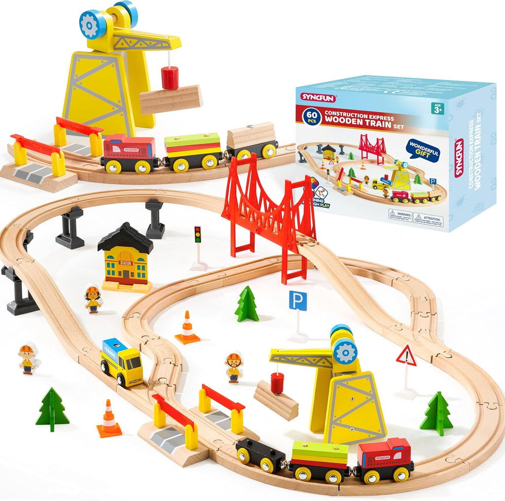 Juego de trenes de madera de 60 piezas, trenes magnéticos de juguete con pista de madera para niños de 3 a 8 años, juego de tren de grúa de construcción, regalo perfecto de cumpleaños de Pascua para nietos, niños y niñas