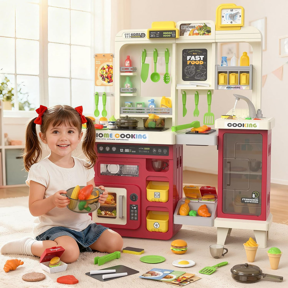 Juego de cocina para niños con luces, sonidos y vapor, juego de cocina grande para niños pequeños con fregadero, parrilla, juegos de comida para niños, accesorios de cocina de juguete, juego de cocina con bolsa de almacenamiento
