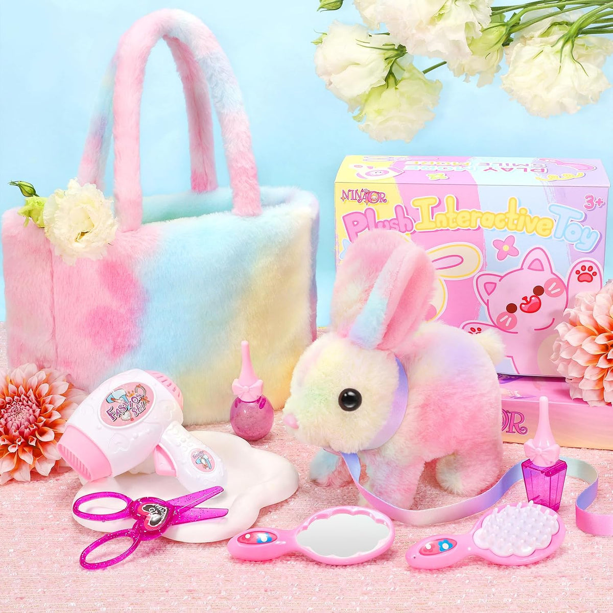 Juguetes interactivos de peluche para niños con bolsas de mano, conejo robot de peluche con correa que salta y orejas que se mueven, juguetes realistas lindos para niños pequeños, regalos de cumpleaños