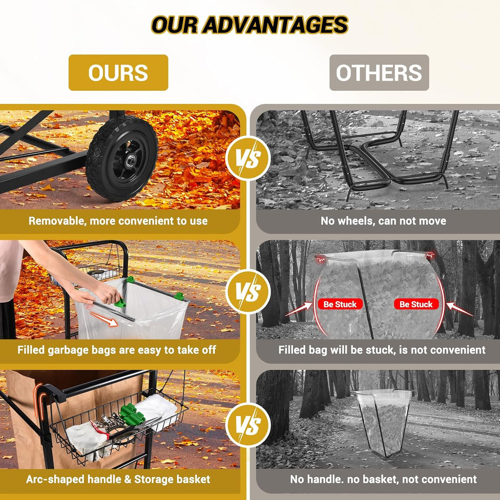 Carrito de bolsa de basura mejorado con cesta de almacenamiento y mango ergonómico, soporte ajustable para bolsas de hojas para exteriores de 30 a 45 galones de capacidad, ideal para limpieza de