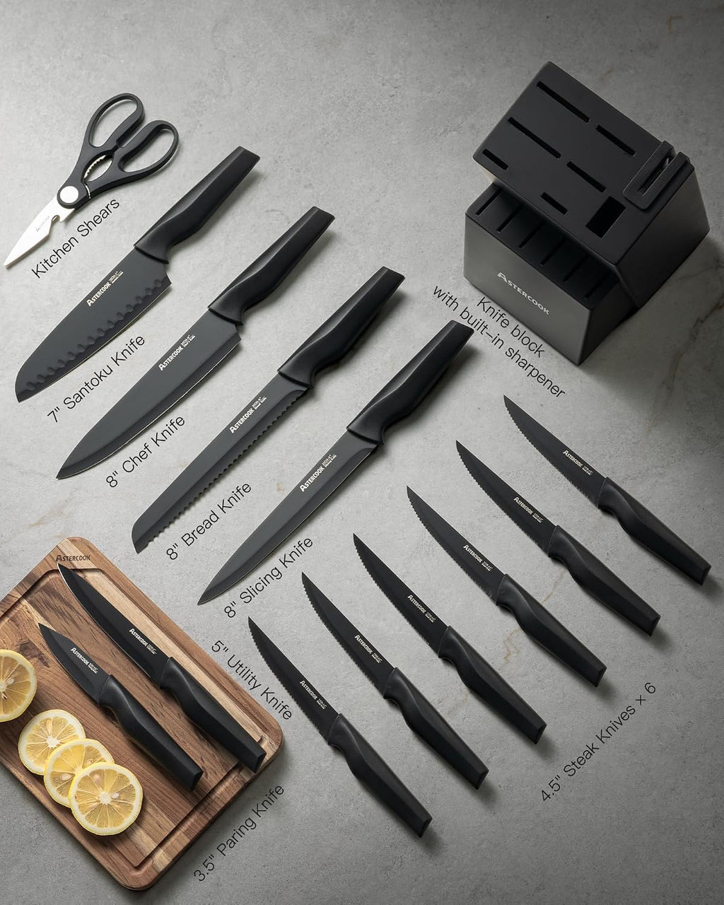 Astercook - Juego de 15 cuchillos de cocina con afilador, color negro