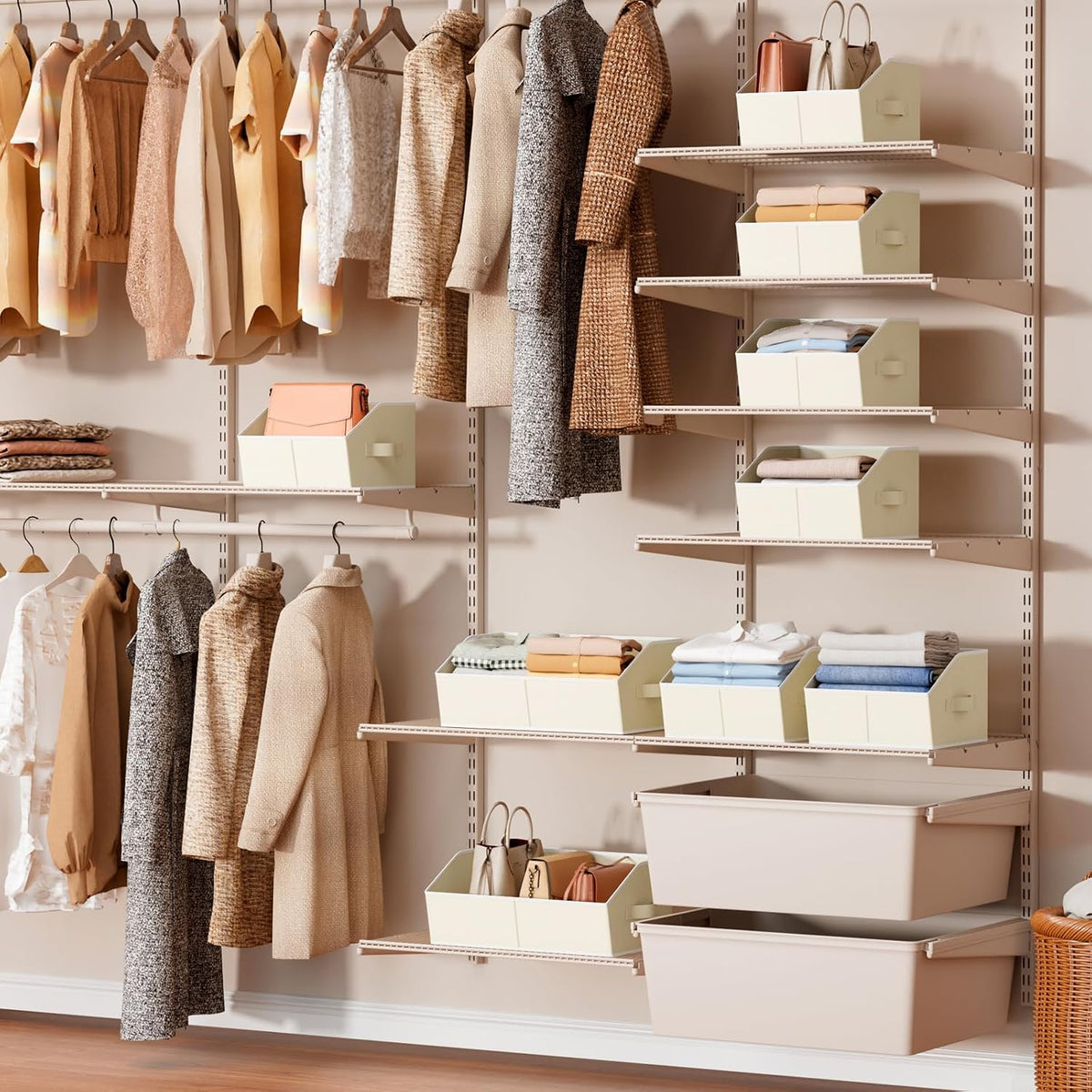 Contenedores organizadores de almacenamiento de cubos – Paquete de 6 cestas de tela para organizar, cesta de almacenamiento grande para estantes, organizadores de armario para juguetes, ropa, toallas (beige)