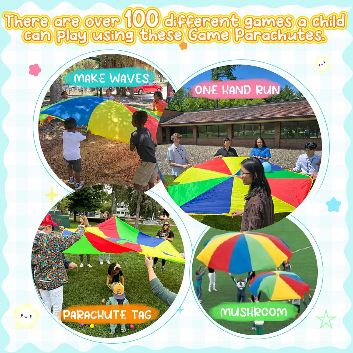Paracaídas de 10 pies para niños con 12 asas para jugar paracaídas para 8 y 12 niños, tienda de campaña cooperativa, cumpleaños, adecuado para la escuela, al aire libre, campamento de
