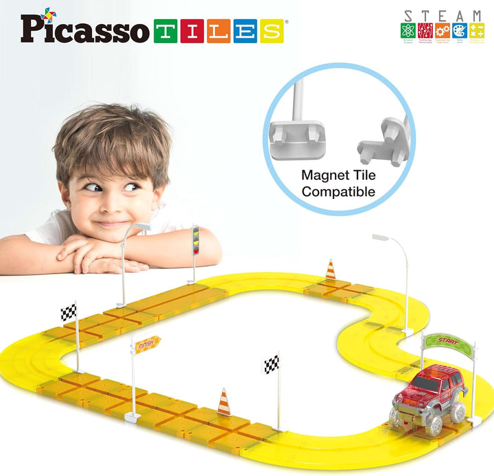 PicassoTiles Kit de Pista de Carrera Compatible con Ladrillos Magné...