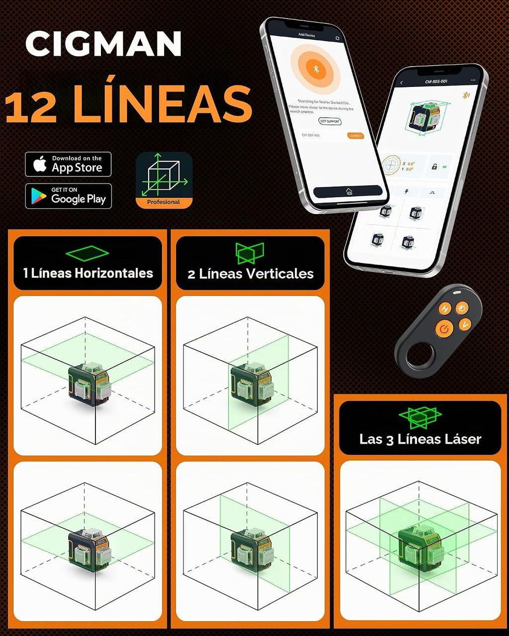 CIGMAN Nivel láser verde, LCD lateral de 3 x 360 ° de 12 líneas autonivelante, control remoto de aplicación Bluetooth, modo de pulso para receptor, ± 1/8 pulgadas a 33 pies de precisión