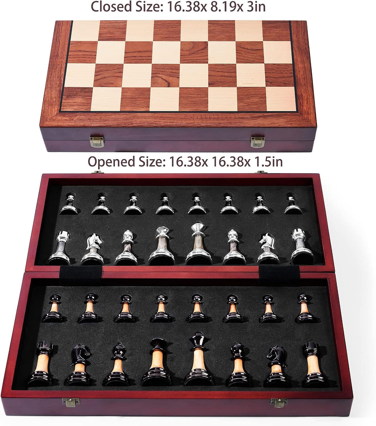 Juego de ajedrez grande de 16 pulgadas/16.5 in de tablero de madera plegable con piezas de ajedrez acrílico ponderadas de lujo, tamaño King de 3.5 pulgadas con ranuras de almacenamiento para adultos, regalo de jubilación de inauguración de la casa