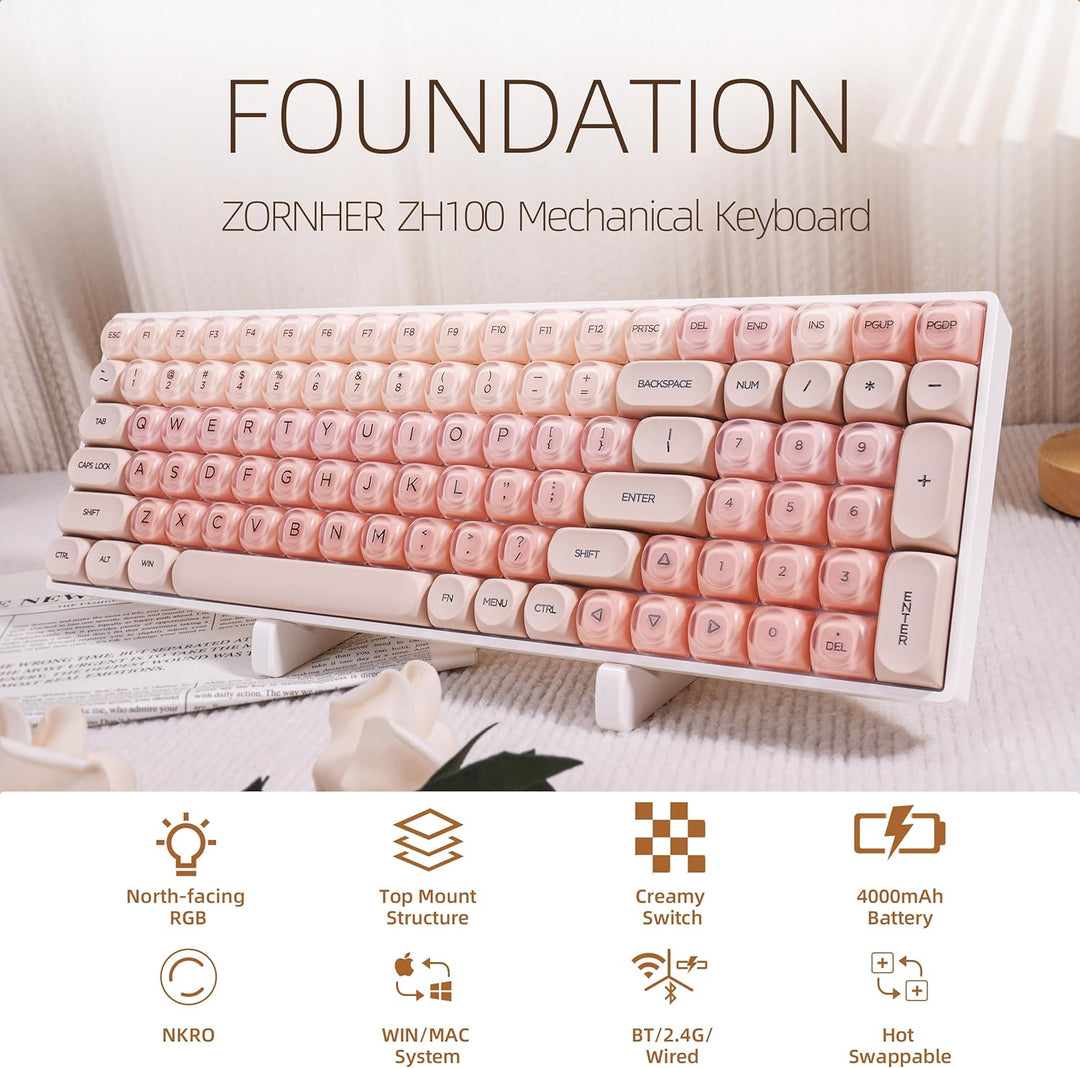 ZORNHER ZH100 Teclado Mecánico Foundation, Teclado Cremoso Rosa 98%...