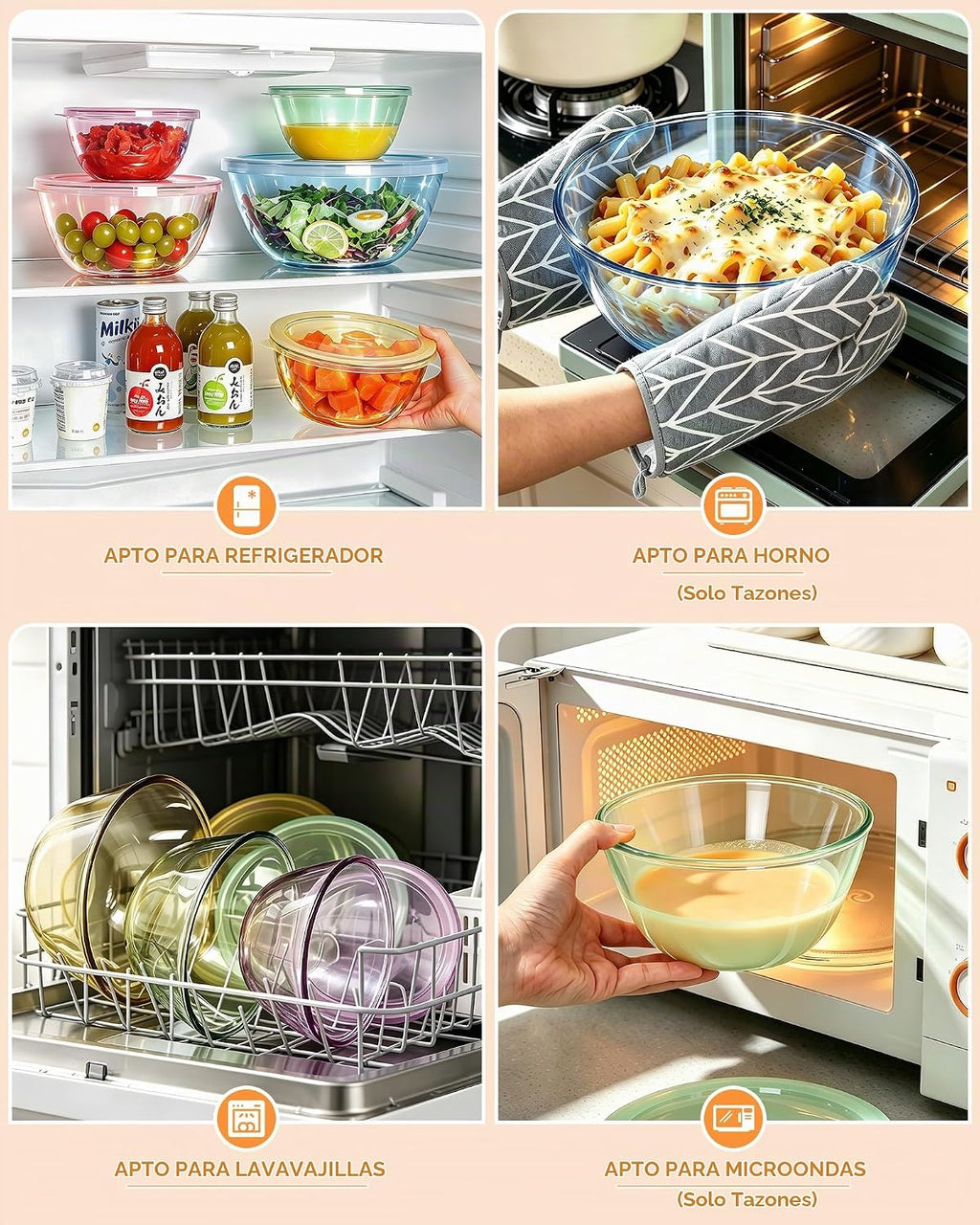 Paquete de 5 tazones de vidrio para mezclar con tapas (4.78 cuartos de