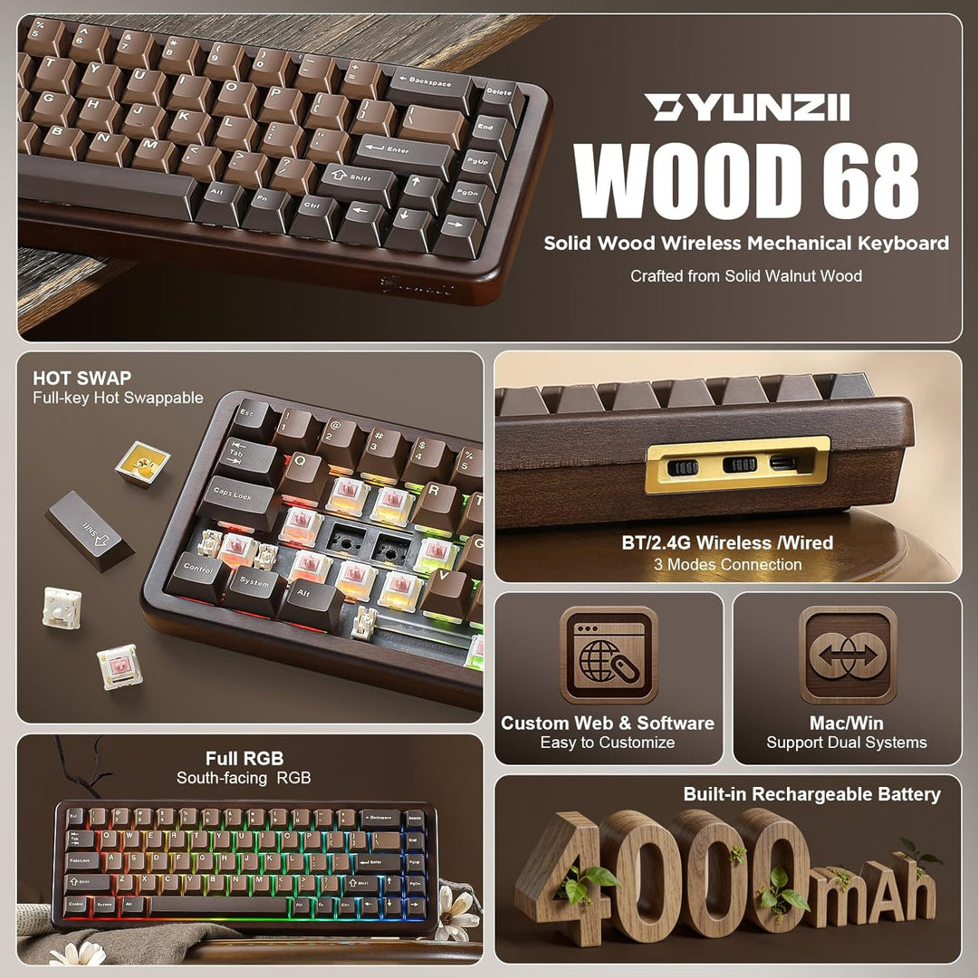 YUNZII WOOD68 Teclado mecánico inalámbrico, teclado de madera para...