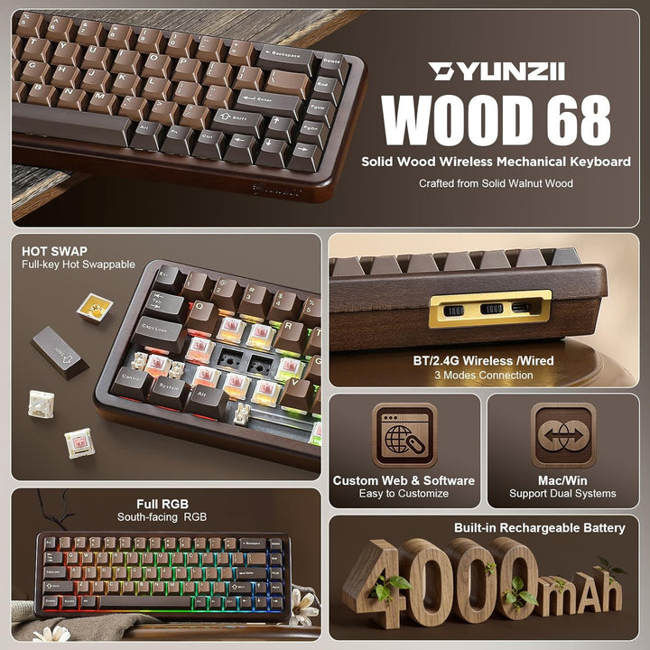 YUNZII WOOD68 Teclado mecánico inalámbrico, teclado de madera para...