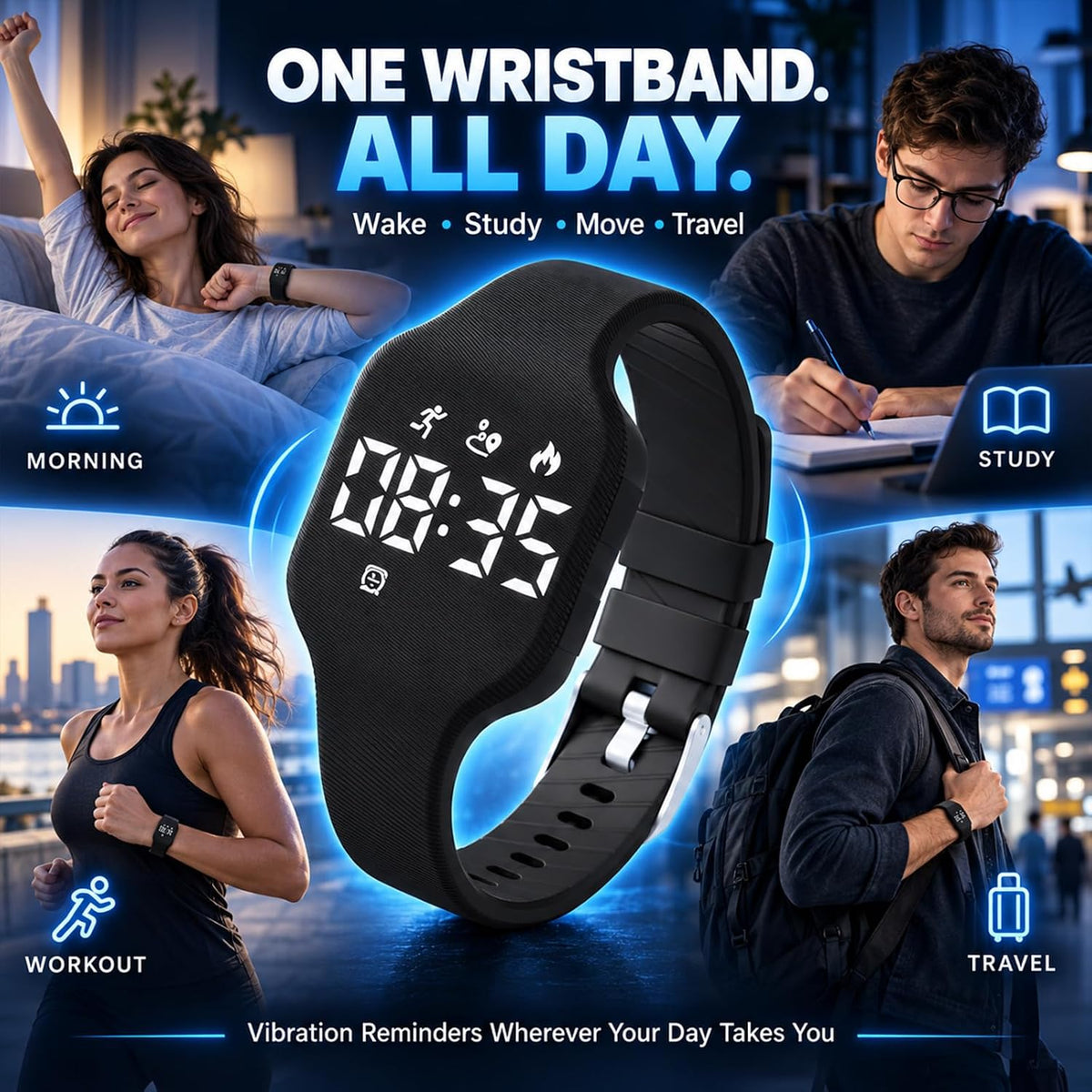 Reloj despertador para personas que duermen pesadas, pulsera vibratoria, reloj silencioso, pulsera para adolescentes, sordos, adultos, agitador de cama, viaje, temporizador digital
