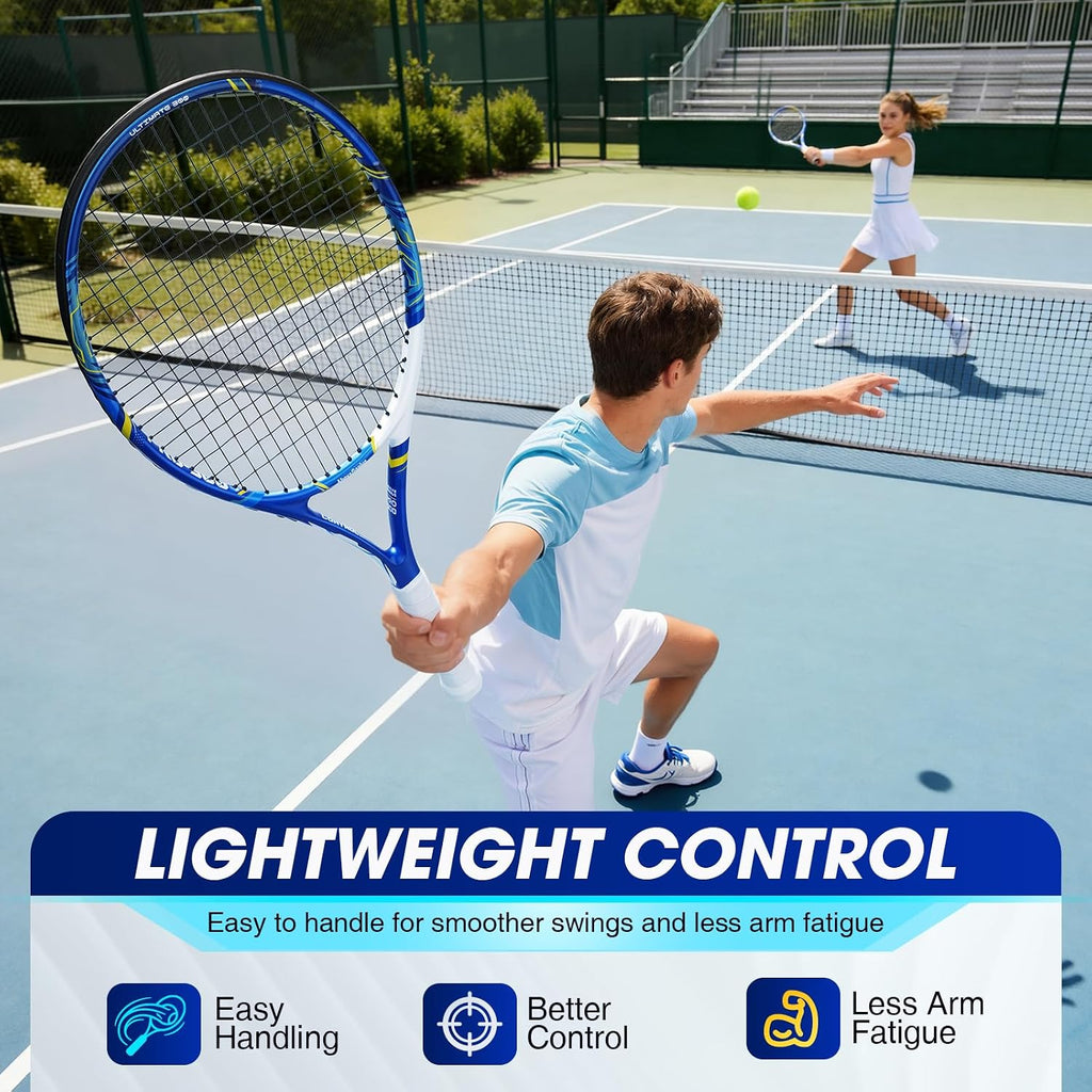 Juego de raquetas de tenis para adultos, 2 raquetas de tenis preencordadas de 27 pulgadas con marco de una pieza, cabeza de gran tamaño de 105 pulgadas cuadradas, sensación de reducción de