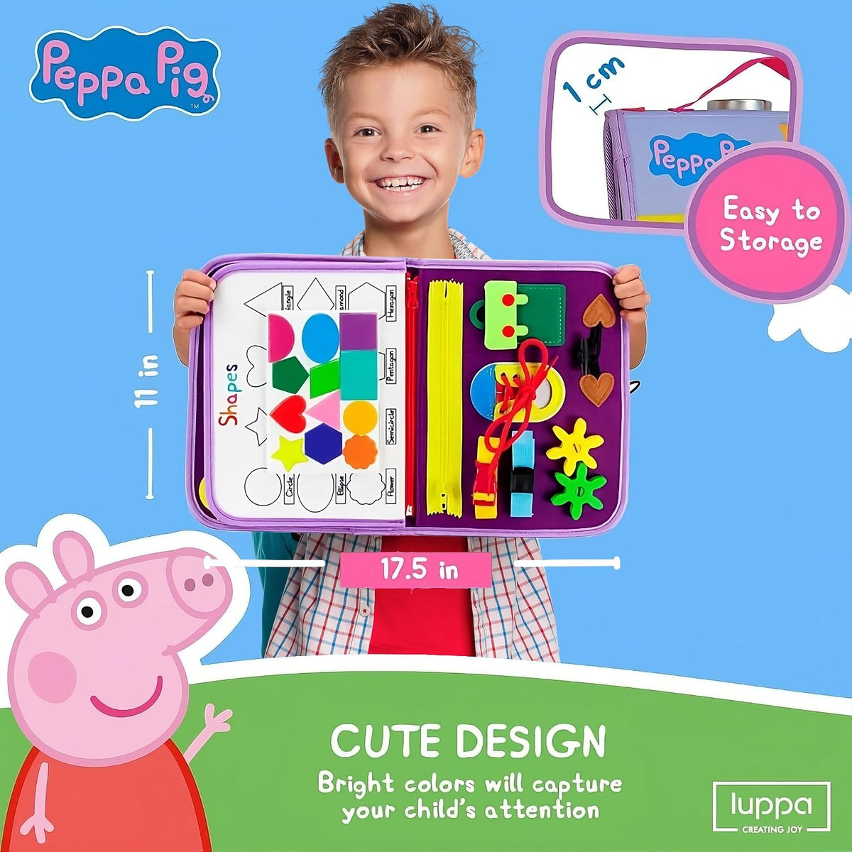 Peppa Pig Tablero Ocupado para Niños Pequeños – Juguetes Montessori para niños de 1, 2, 3, 4 años, Tablero Sensorial de Actividad Educativa para el Aprendizaje Preescolar de Habilidades Motoras Finas