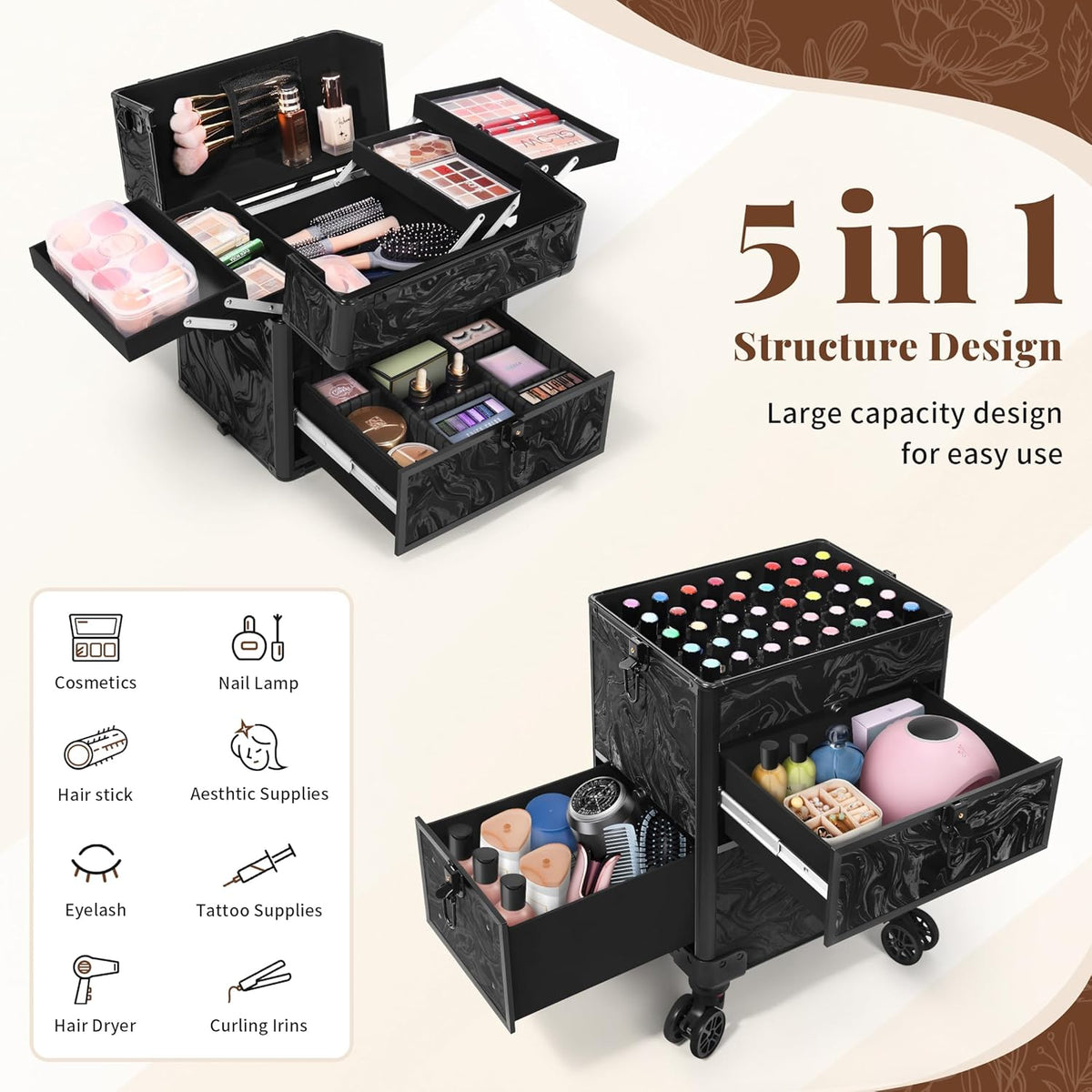 AROUS Estuche de maquillaje rodante con 3 cajones, estuche de cosme...
