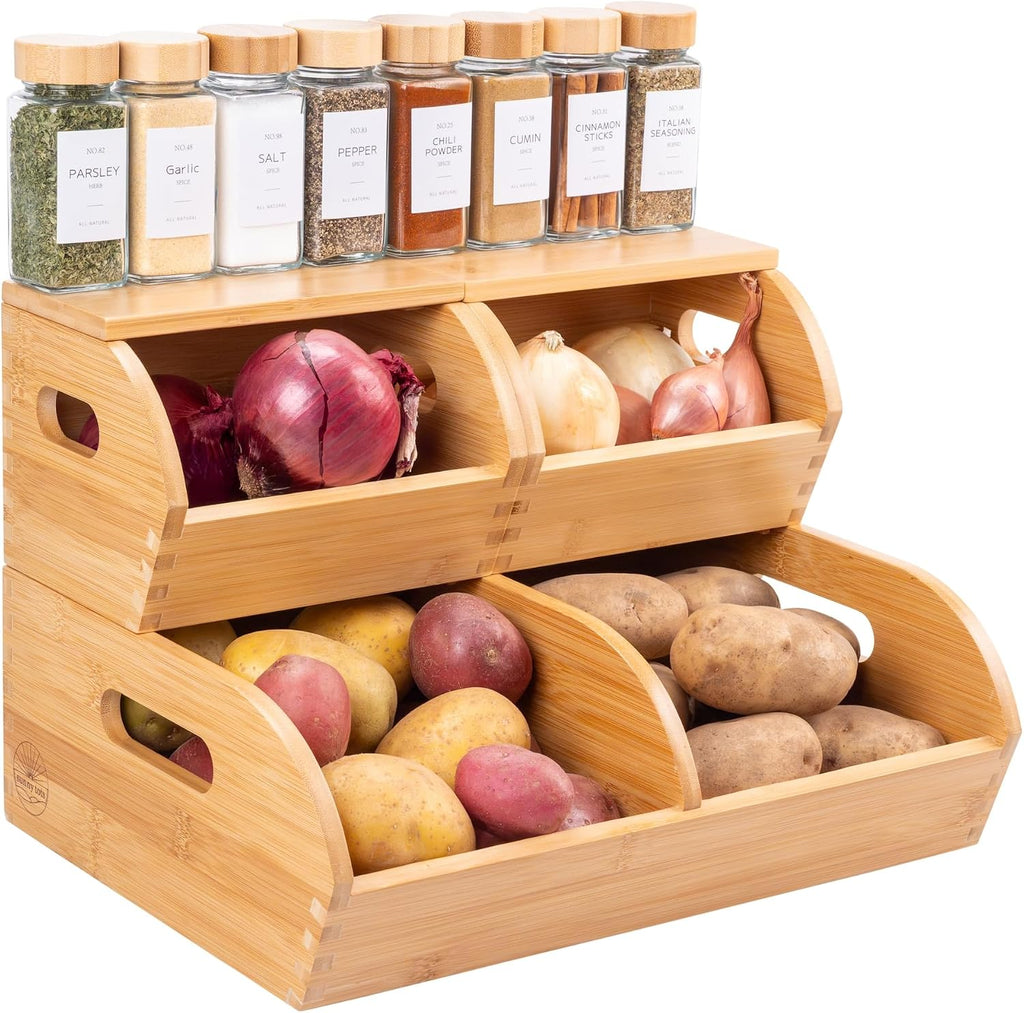 Papas de bambú y cebolla de almacenamiento de madera vegetal de ajo