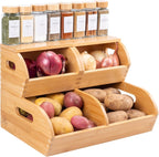 Papas de bambú y cebolla de almacenamiento de madera vegetal de ajo