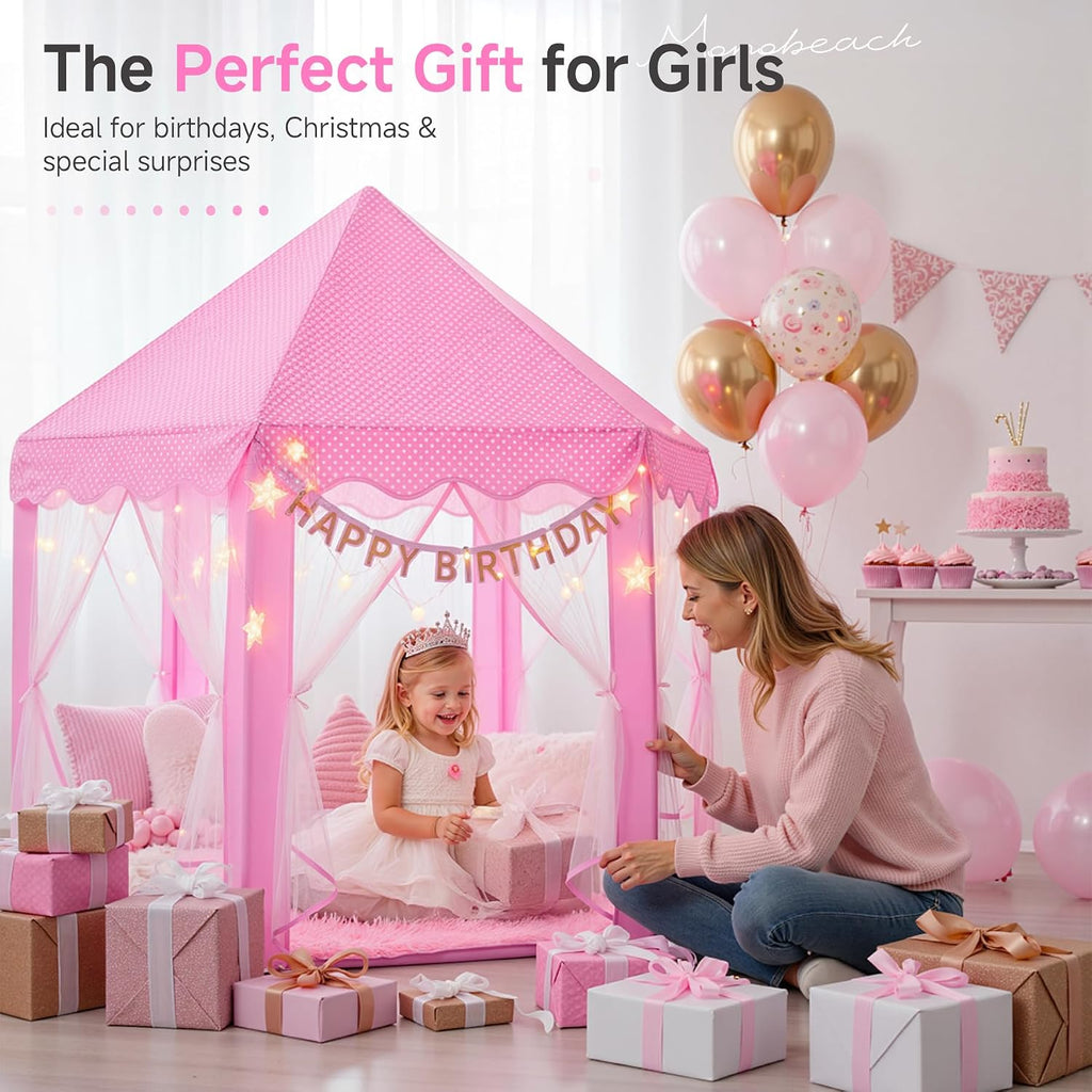 Tienda de campaña de princesa para niñas, casa de juegos grande para niños, castillo con luces de estrella, juguete para interiores y exteriores, 55 x 53 pulgadas (profundidad x alto) (princesa rosa con tapete de juego)