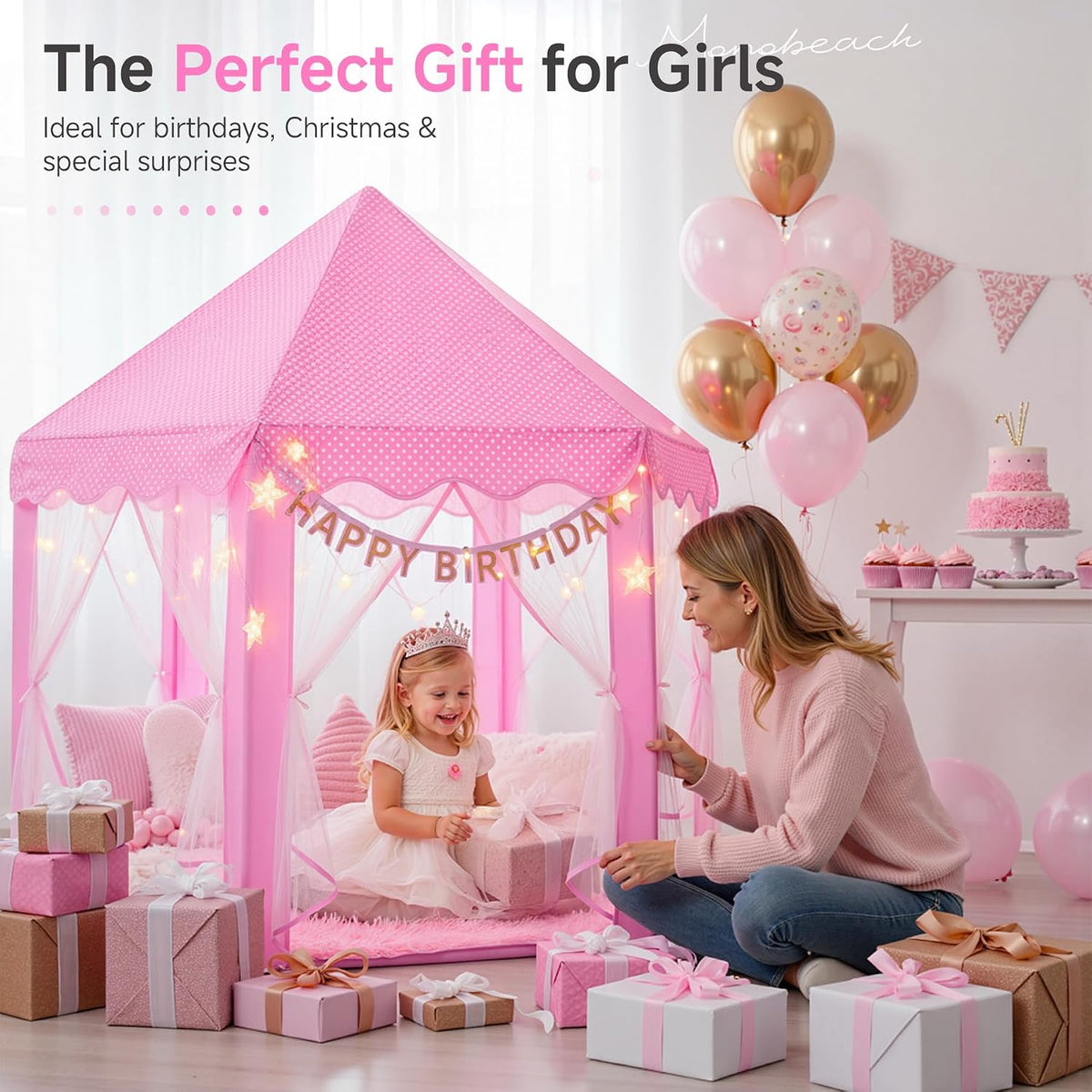 Tienda de campaña de princesa para niñas, casa de juegos grande para niños, castillo con luces de estrella, juguete para interiores y exteriores, 55 x 53 pulgadas (profundidad x alto) (princesa rosa con tapete de juego)
