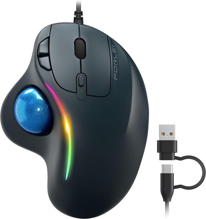 PORLEI Ratón de Bola con Cable con Iluminación RGB, Control Ergonóm...