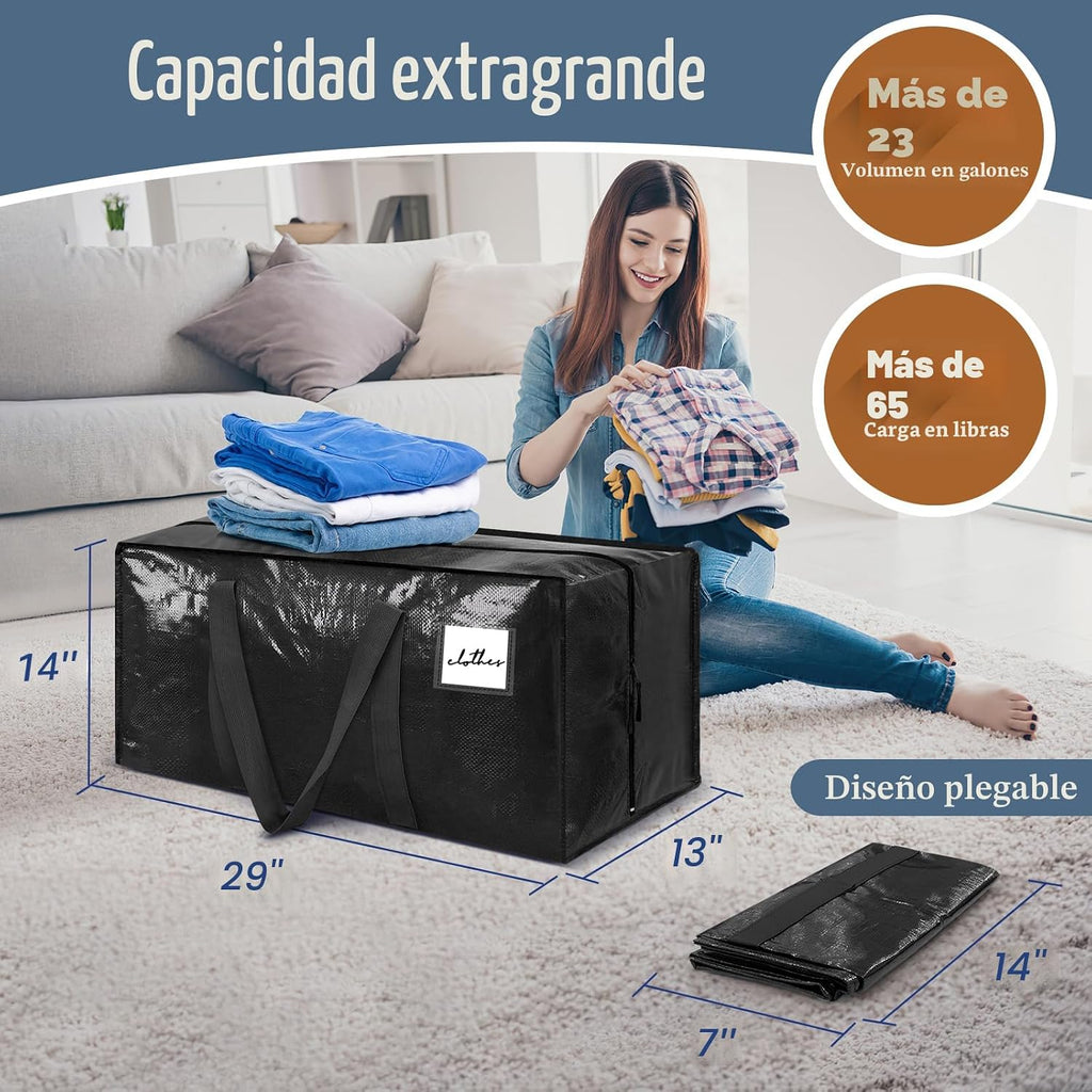 6 paquetes de bolsas de almacenamiento extra resistentes y extra grandes para mudanzas con cremalleras fuertes y asas cómodas, bolsas de almacenamiento para ropa resistentes y duraderas, contenedores
