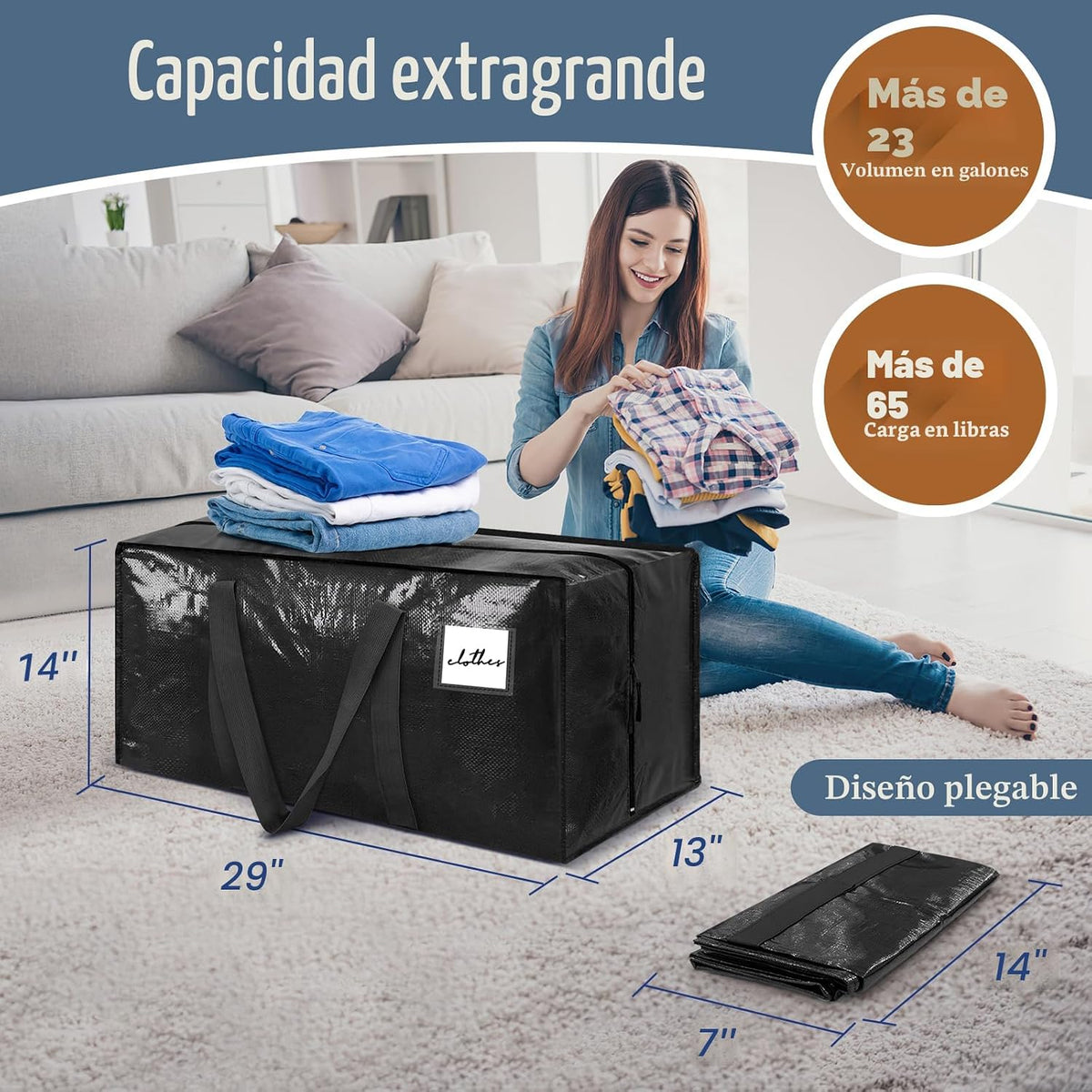 6 paquetes de bolsas de almacenamiento extra resistentes y extra grandes para mudanzas con cremalleras fuertes y asas cómodas, bolsas de almacenamiento para ropa resistentes y duraderas, contenedores