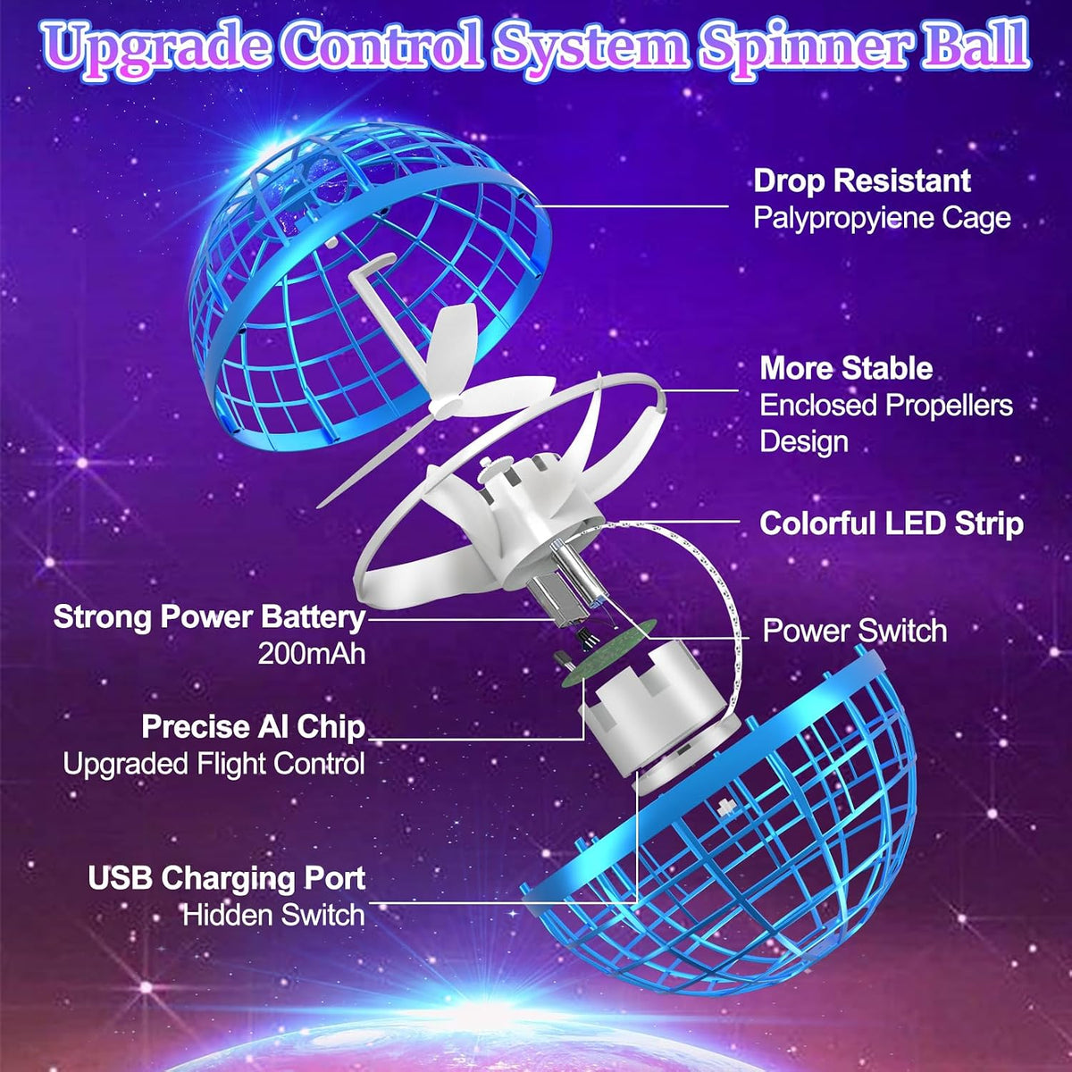Juguete de bola de orbe volador, mini dron cósmico de mano flotante, hilanderos de mosca para niños y adultos, juguetes para interiores y exteriores, juguetes geniales con luces LED para