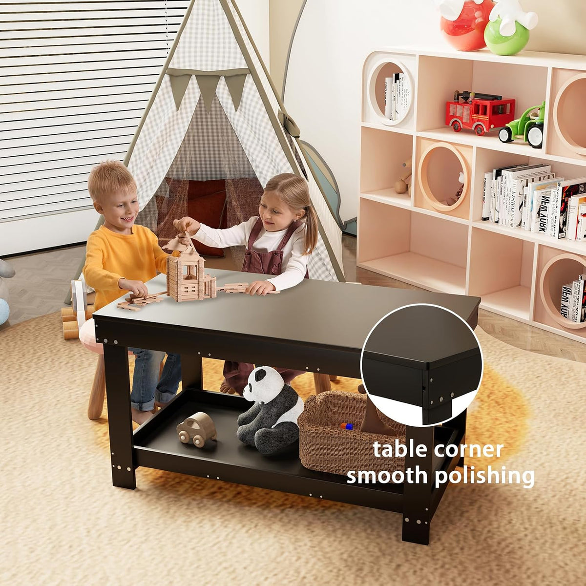 Mesa de actividades de tren para niños 2 en 1 con tablero y almacenamiento, mesa de juego de madera para dibujo artístico, bloques de construcción, lectura