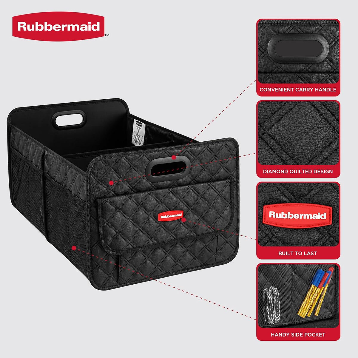 Rubbermaid Organizador de maletero para SUV, organizador plegable para automóvil con 2 compartimentos, contenedor de almacenamiento plegable para maletero, automóviles, SUV, camiones y sedanes, 24.01